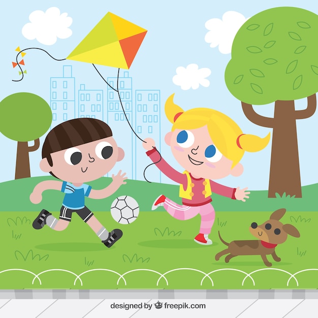 Free vector happy children playing with kite and ball