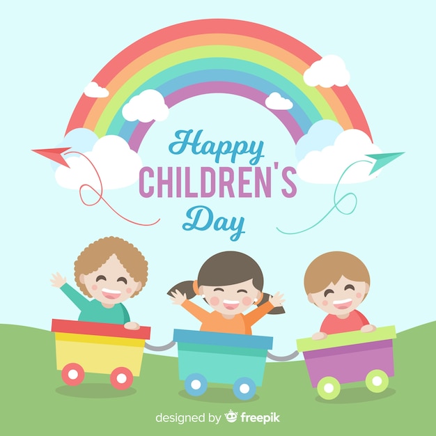 Free vector happy children's day background with kids in train and rainbow