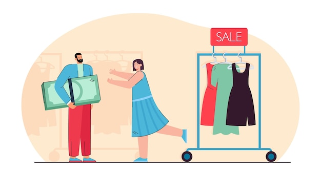 Free Vector happy couple shopping in retail clothing store. tiny woman running to man holding money flat vector illustration. fashion, online shop sales concept for banner, website design or landing web page