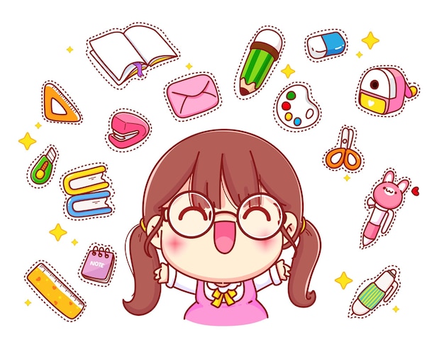 Free vector happy cute girl with stationery logo cartoon character illustration