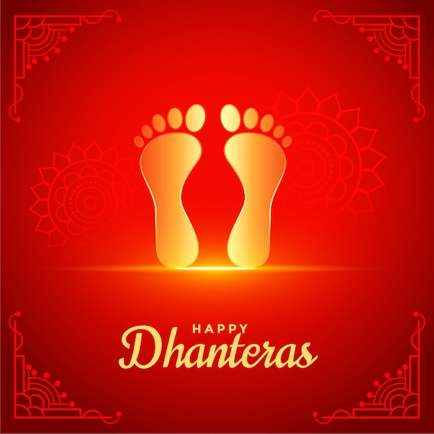 Free Vector happy dhanteras red background with golden god feet foot print