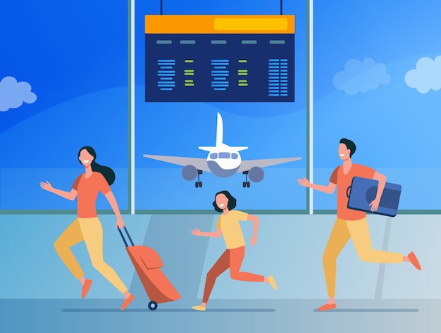 Free Vector happy family running for flight registration. tourist, baggage, plane flat illustration