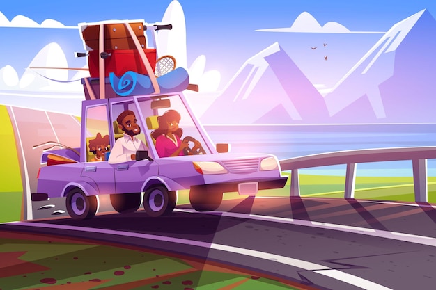 Free Vector happy family travel in car with luggage on roof