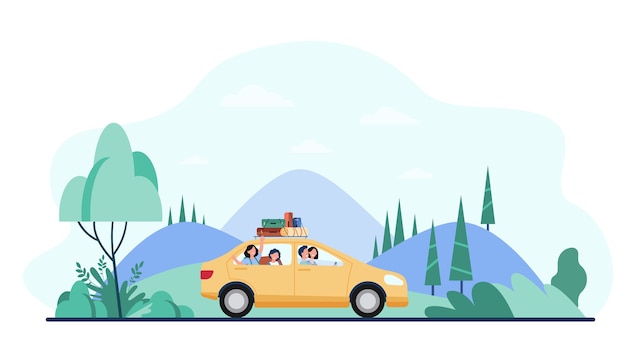 Free Vector happy family travelling by car with camping equipment on top.