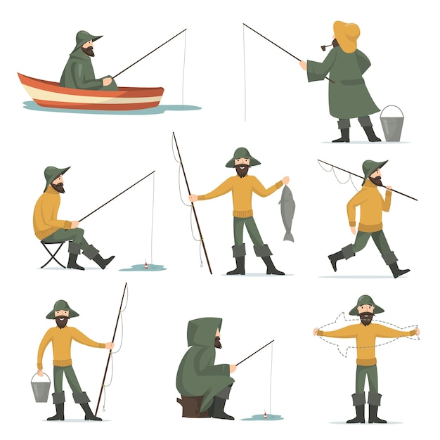 Happy fisherman with fishing rod flat set