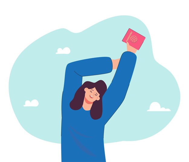 Happy girl with passport in hands flat vector illustration