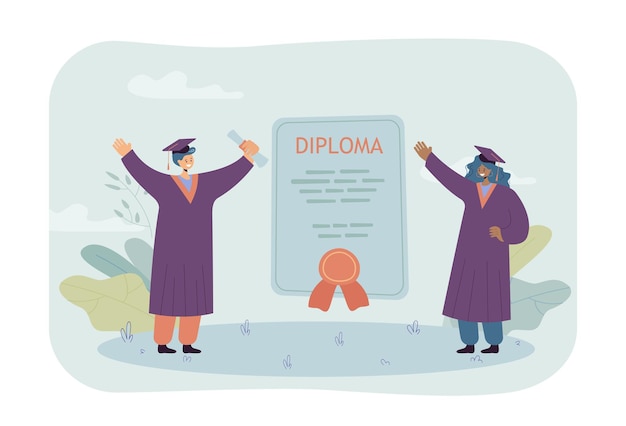 Free Vector happy graduates with huge diploma. certificate between standing female students in graduation caps flat illustration