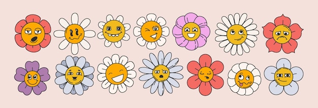 Free vector happy groovy daisy flowers face set funky flower characters or cute chamomiles