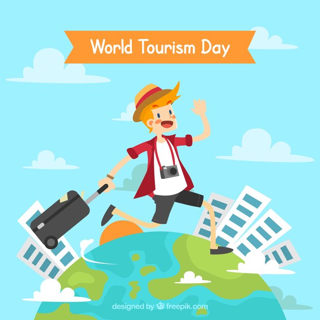 Happy man traveling around the world, world tourism day