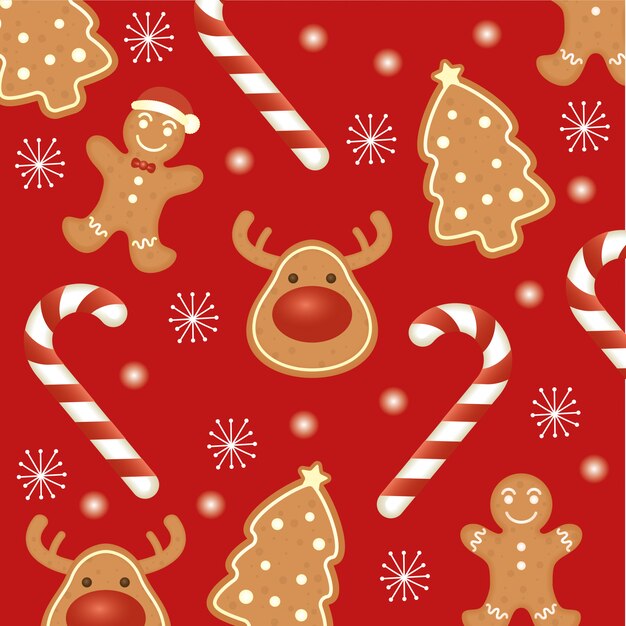 Happy merry christmas card with ginger cookies pattern