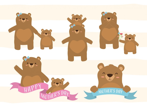 Free Vector happy mothers day set of bear mom and a little bear illustration 