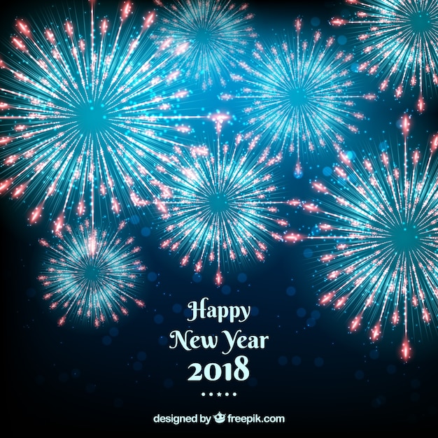 Free Vector happy new year 2018 background with blue fireworks