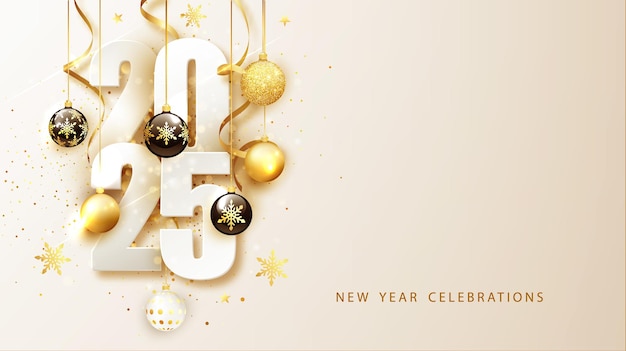 Free Vector happy new year 2025 festive design with christmas decorations balls streamer and garlands