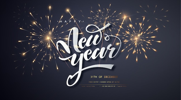 Happy New Year with festive fireworks explosionson dark background. Holyday decorative elements. Congratulation banner.