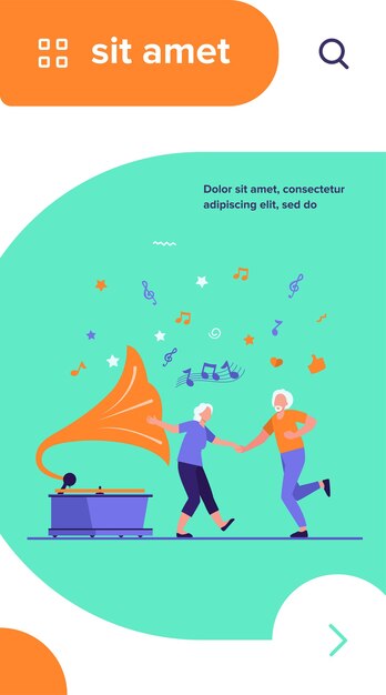 Happy old people dancing isolated flat vector illustration. Cartoon funny active elderly couple having fun together