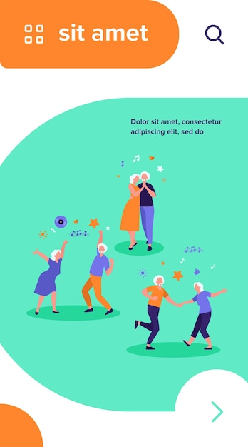 Happy old people dancing isolated flat vector illustration. Cartoon senior grandfathers and grandmothers having fun at party