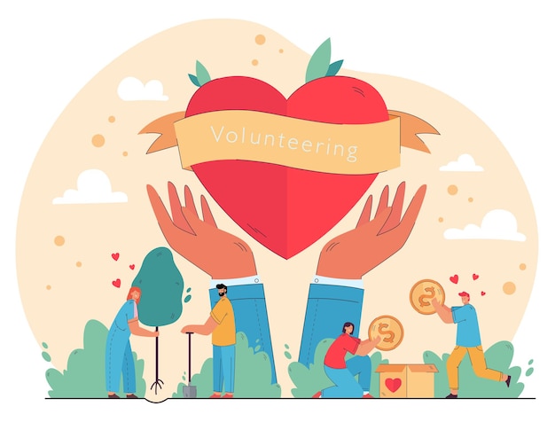 Free Vector happy people enjoying volunteering and giving help, packing cash into donation box, planting trees at heart in hands symbol.  illustration for charity, nature care, humanitarian aid concept