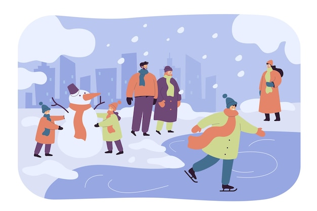 Free Vector happy people walking and having fun in winter park isolated flat illustration. cartoon kids making snowman, guy skating