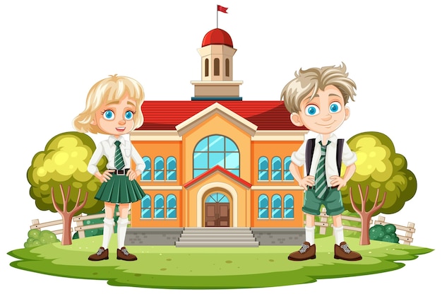 Free Vector happy schoolchildren outside school building