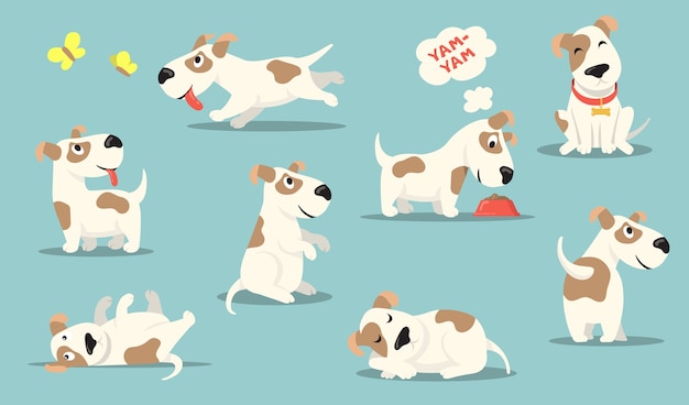 Free Vector happy small dog set. cute funny puppy practicing different activities, hunting, playing, eating, sleeping.