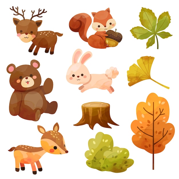 Free vector happy thanksgiving day icon with squirrel, bear, rabbit, deer, stumps and leaves