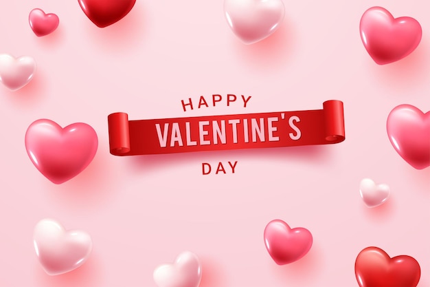 Free Vector happy valentine day congratulation with red and pink 3d heart shapes