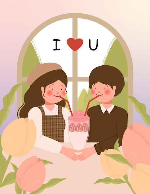 Free Vector happy valentine's day card with cute couple on a date at cafe vector illustration