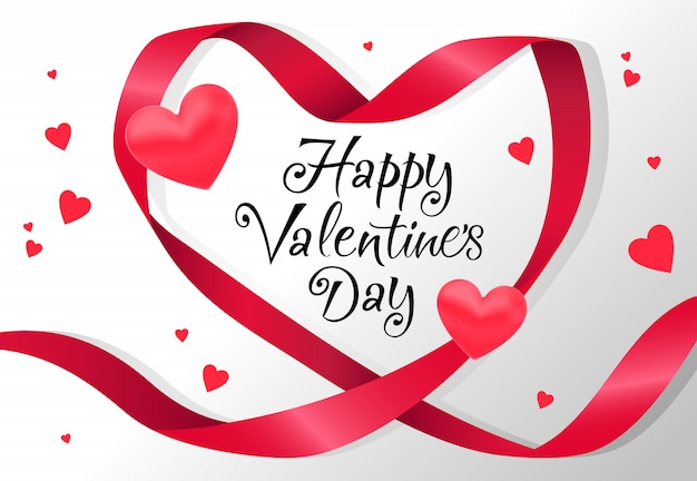 Free Vector happy valentines day lettering in red heart shaped ribbon frame