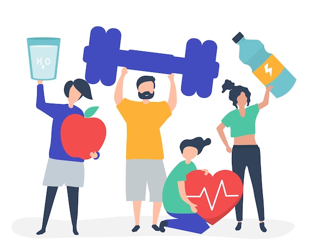 Free vector healthy people carrying different icons