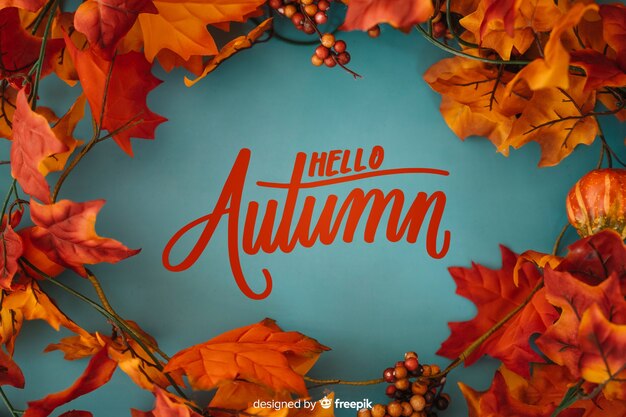 Hello autumn lettering background with realistic leaves