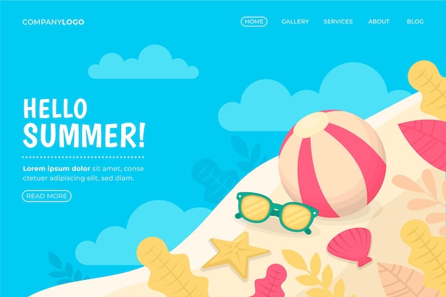 Free vector hello summer landing page with beach ball and sunglasses