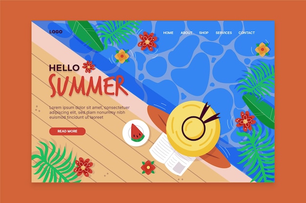 Free Vector hello summer landing page with woman at pool