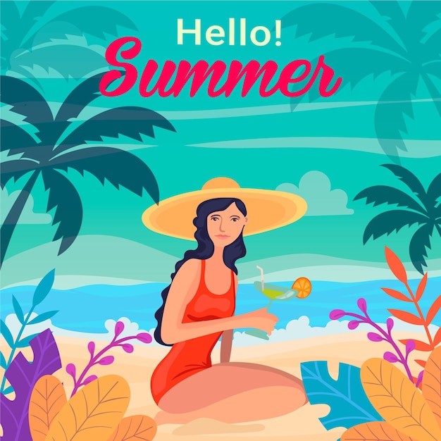 Free Vector hello summer with woman on beach