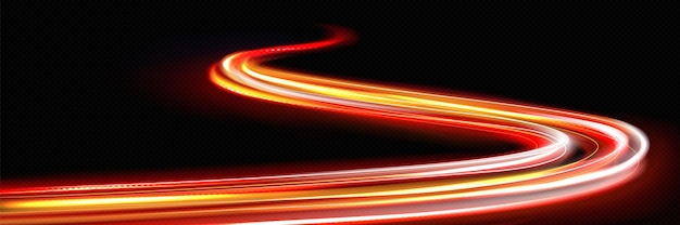 Free vector high speed curves of driving line with light neon effect red and yellow glowing dynamic trace of fast moving car or race realistic vector illustration of energy flash lines on black background