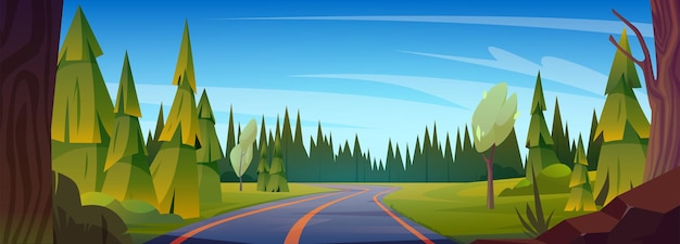 Free vector highway in forest cartoon road trip background