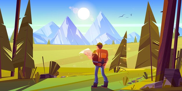 Hiker man in forest with mountains on horizon