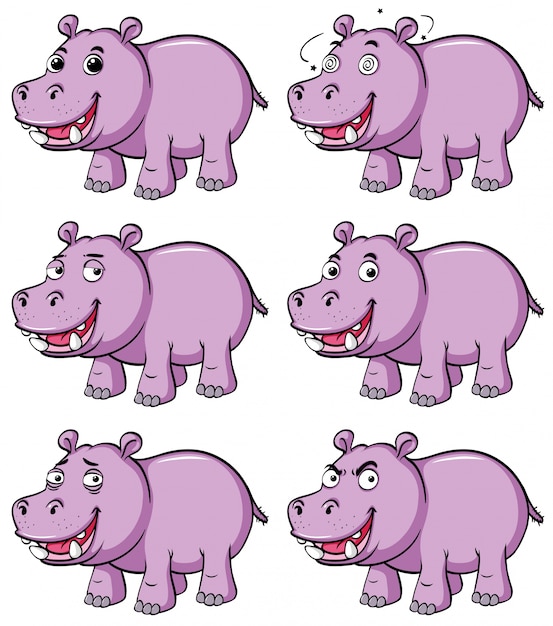 Free Vector hippo in six different emotions