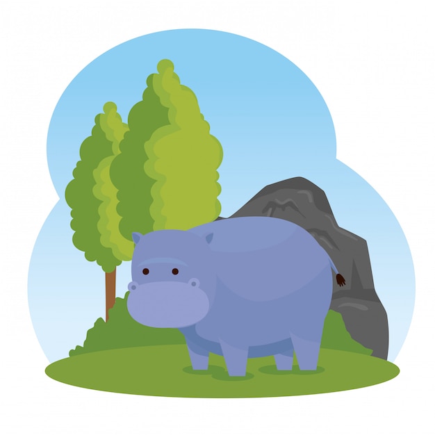 Hippopotamus wild animal with trees and bushes