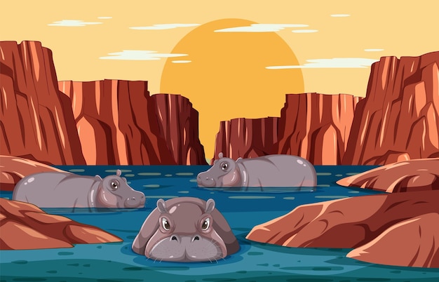 Free Vector hippos bathing in serene river canyon