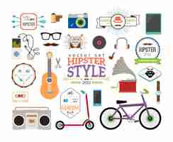 Free vector hipster infographics elements and labels. scooter and player, tube and plate, guitar and tape, watches and  bicycle.