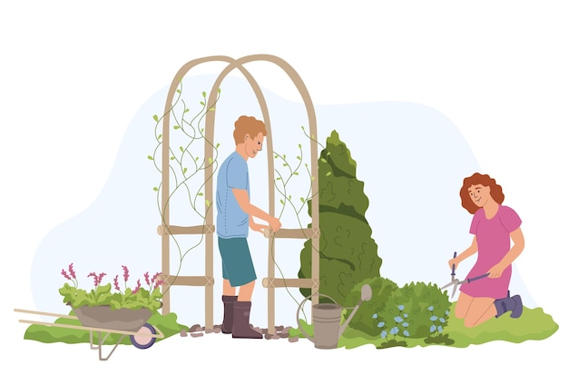 Free Vector home gardening flat composition with view of man and woman doing garden works on blank background vector illustration