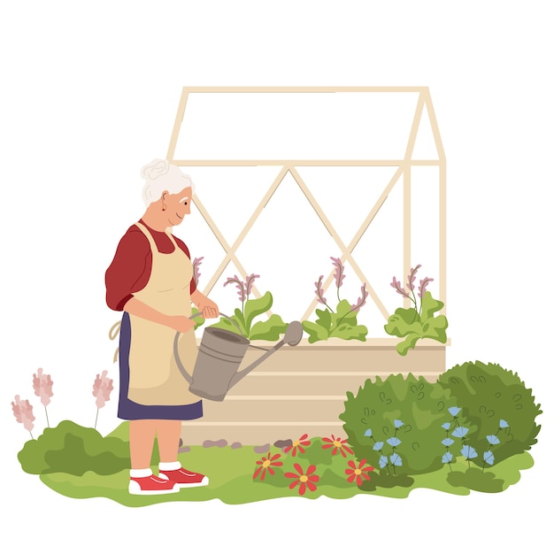 Free Vector home gardening flat composition with view of old woman watering flowers and plants on blank background vector illustration