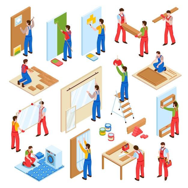 Free Vector home repair renovation remodeling service workers isometric collection