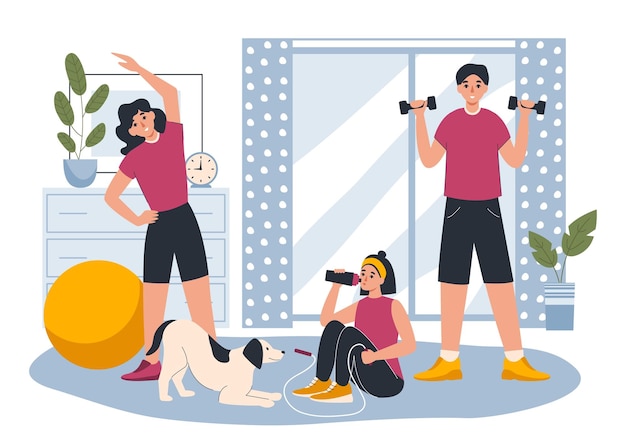 Free vector home workout flat composition with front view of living room interior with family characters performing exercises vector illustration