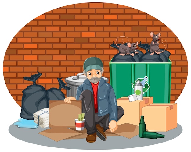 Free Vector homeless man sitting near garbage