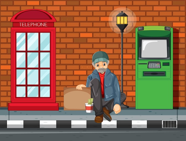 Homeless man sitting between telephone and atm