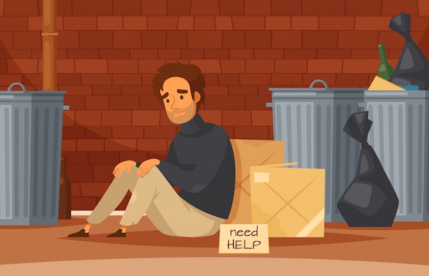 Free Vector homeless people cartoon composition with sad poor homeless man sits on the ground with nameplate need help