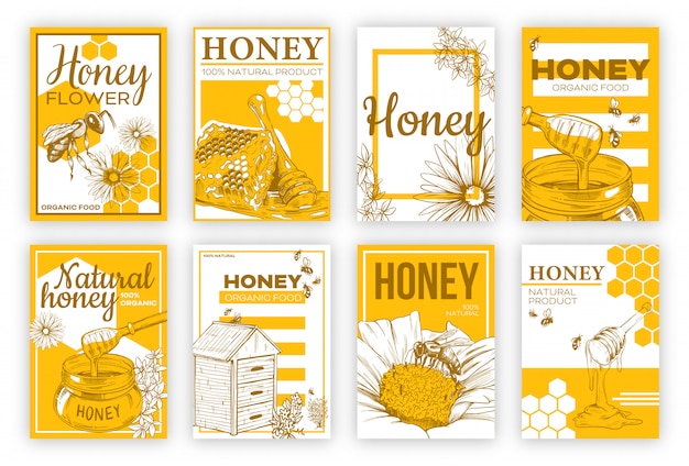 Free Vector honey sketch flat poster set