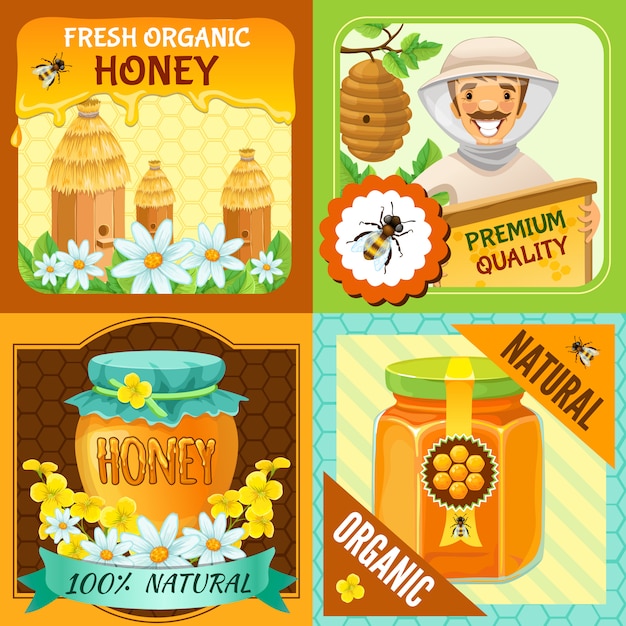 Free Vector honey square composition set with descriptions of fresh organic honey premium quality organic natural vector illustration