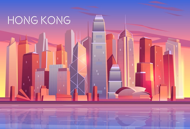 Hong Kong city evening, morning skyline cartoon  with sunset light reflecting in skyscrapers 